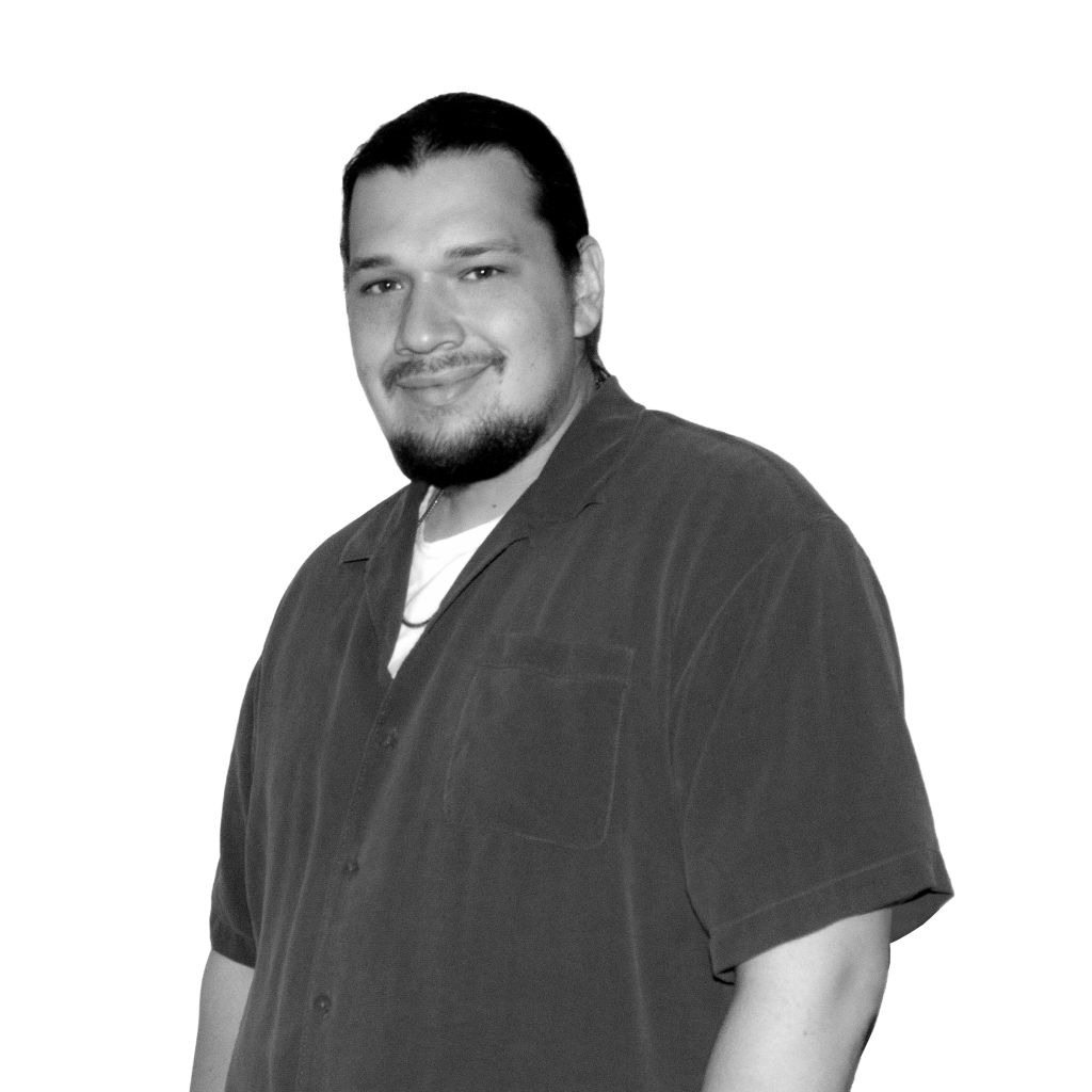 black and white photo of Emilio in a camp collar shirt