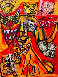 Abstract painting of violent cartoon dogs